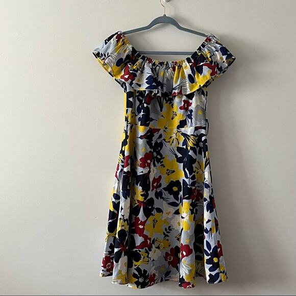 Zara Basic Denim Blue Floral Off the Shoulder Spring Button up Dress sz Large - Picture 6 of 11